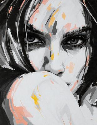 The primary subject of the image is a woman with long hair, who is looking at the camera. She is wearing a necklace and has a pensive expression. The setting is a room with a chair visible in the background. The visual style is a painting, with the woman's face being the main focus of the artwork. The colors and mood of the painting are predominantly warm and inviting, with the woman's eyes being the most striking feature.